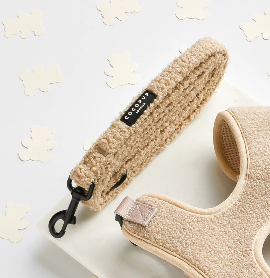 Beige teddy dog lead and harness with 'COCOPUP LONDON' brand on a light background