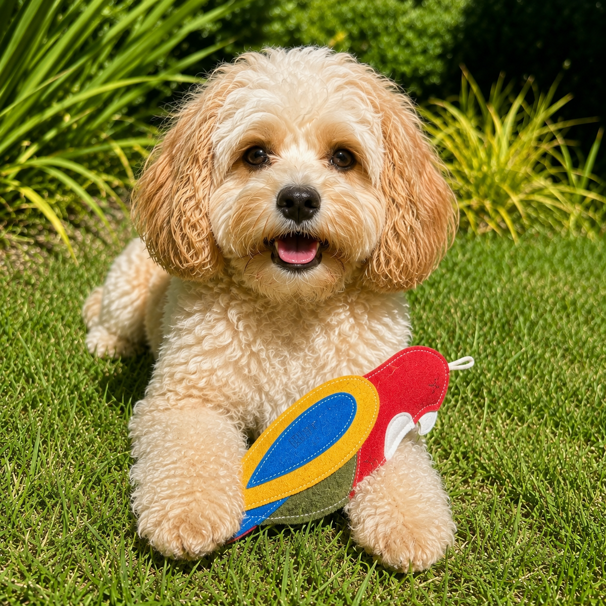 Cream cavoodle lying on grass outdoors holding Georgie Paws Rick the Rosella dog toy in red, blue and yellow suede