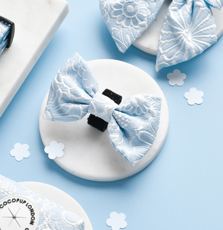 Cocopup London Baby Blue Flower LUXE Bow Tie on a blue background with other cocopup london accessories and decorative paper flowers
