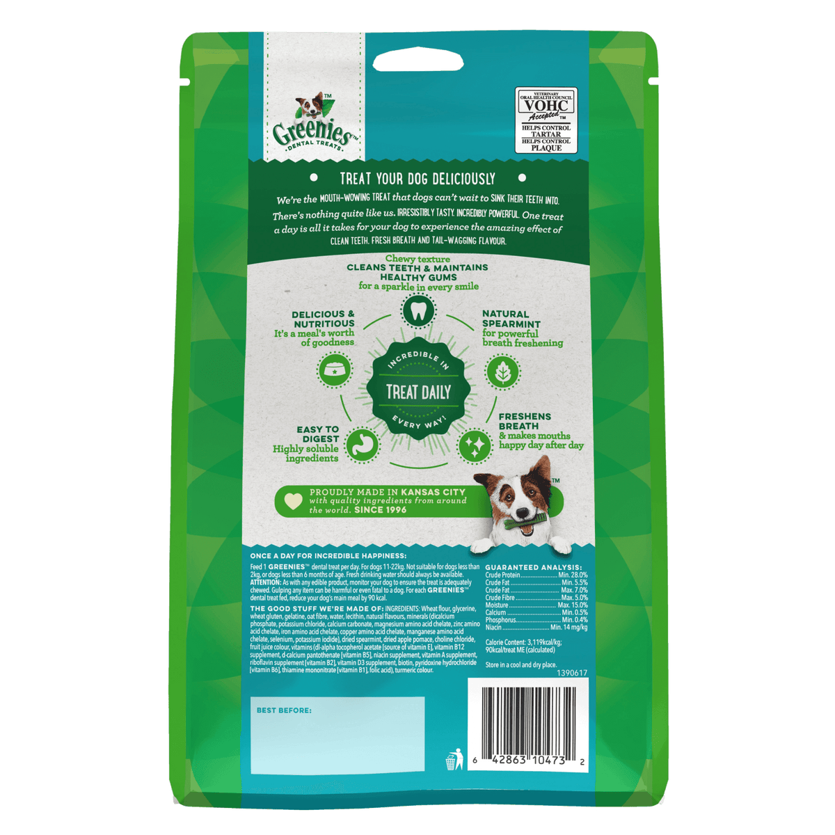 Greenies dog dental treats Fresh Mint Back package with green and white design