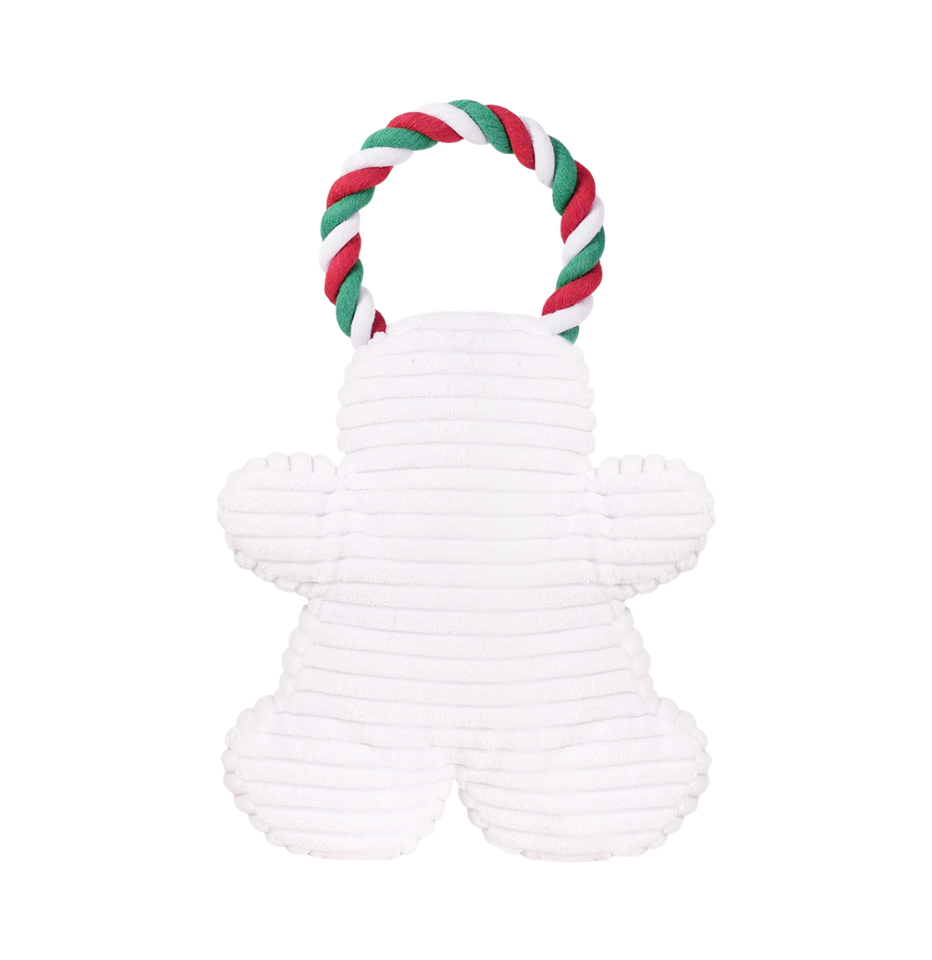 The back of a Hugsmart Gingerbread Man Dog Toy