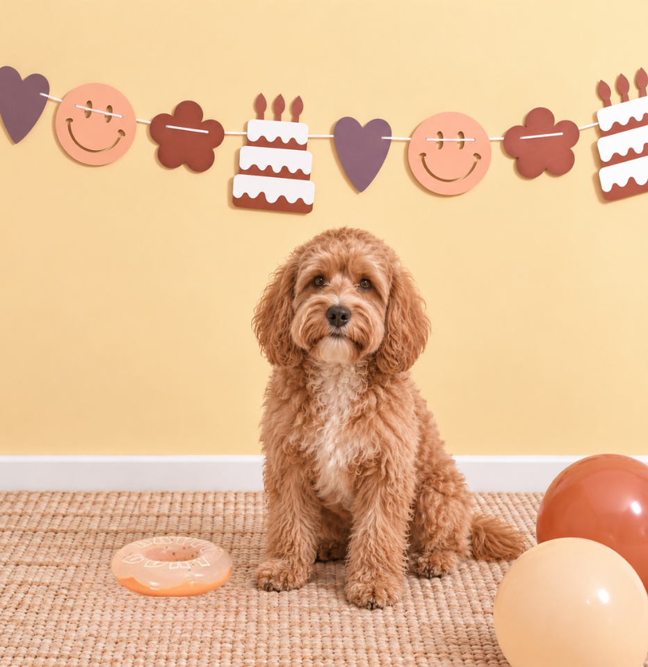 Oodle at birthday party with Hugsmart Yappy Birthday TPR Donut dog toy, party balloons and banner decorations