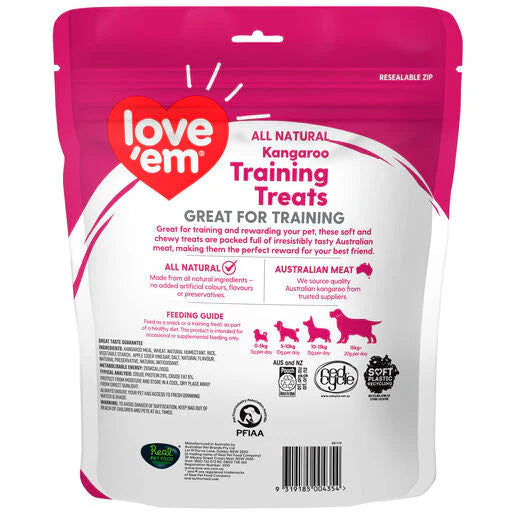 Package of Love 'em All Natural Kangaroo Training Treats with pink and white design.
