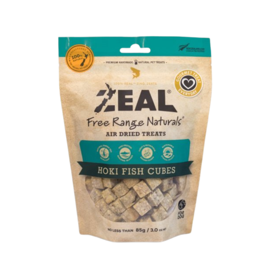 A package of Zeal Free Range Naturals Hoki Fish Cubes - 125g on a white background
