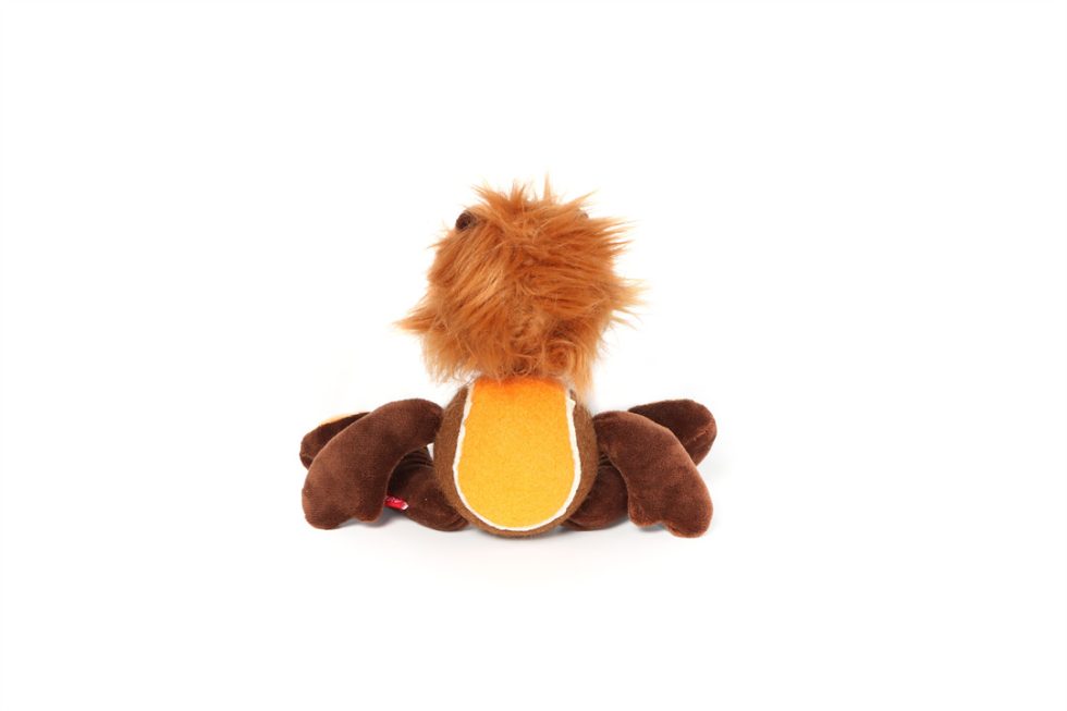 Plush lion squeaky dog toy on a white background