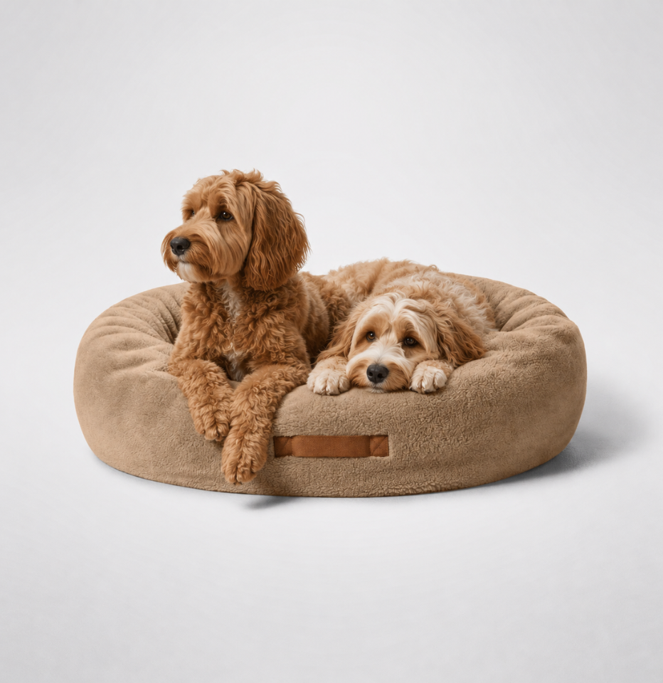 Two oodle dogs resting on a MiniJumbuk Sleep Calm Oasis Wool Dog Bed in fawn against a clean light gray studio background.