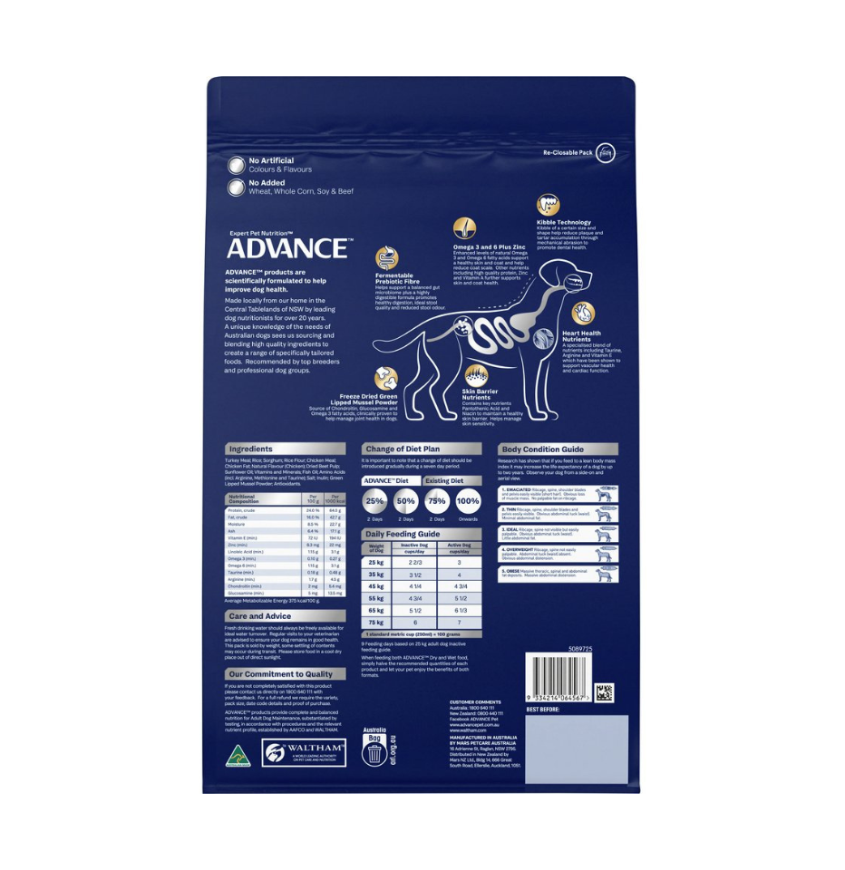 The back of a dark blue bag of ADVANCE oodle dog food, showing nutritional information, ingredients, and product details on a white background.