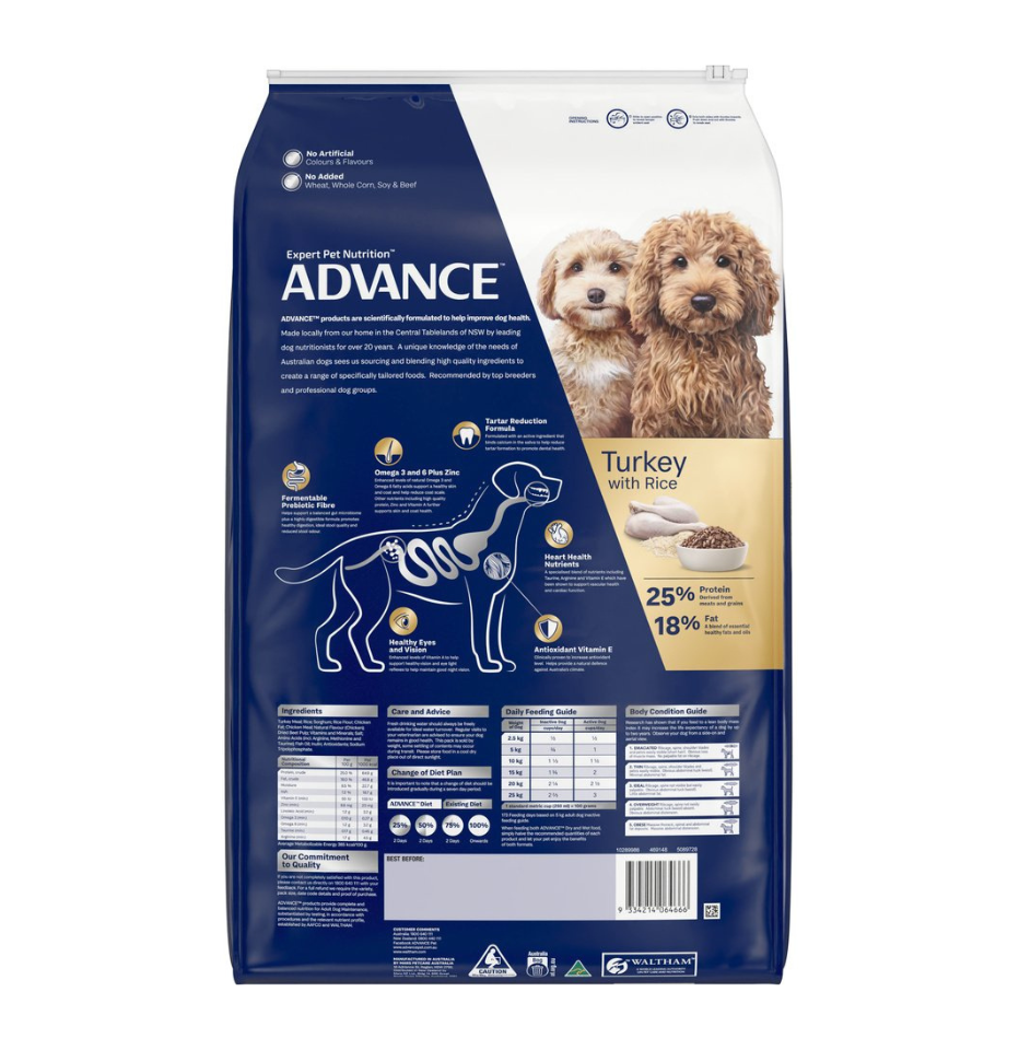 The back of Advance dog food for oodles bag, Turkey with Rice flavour, shown against a plain white background. The packaging is dark blue and white with a gold accent panel, featuring illustrations of two oodle dogs.