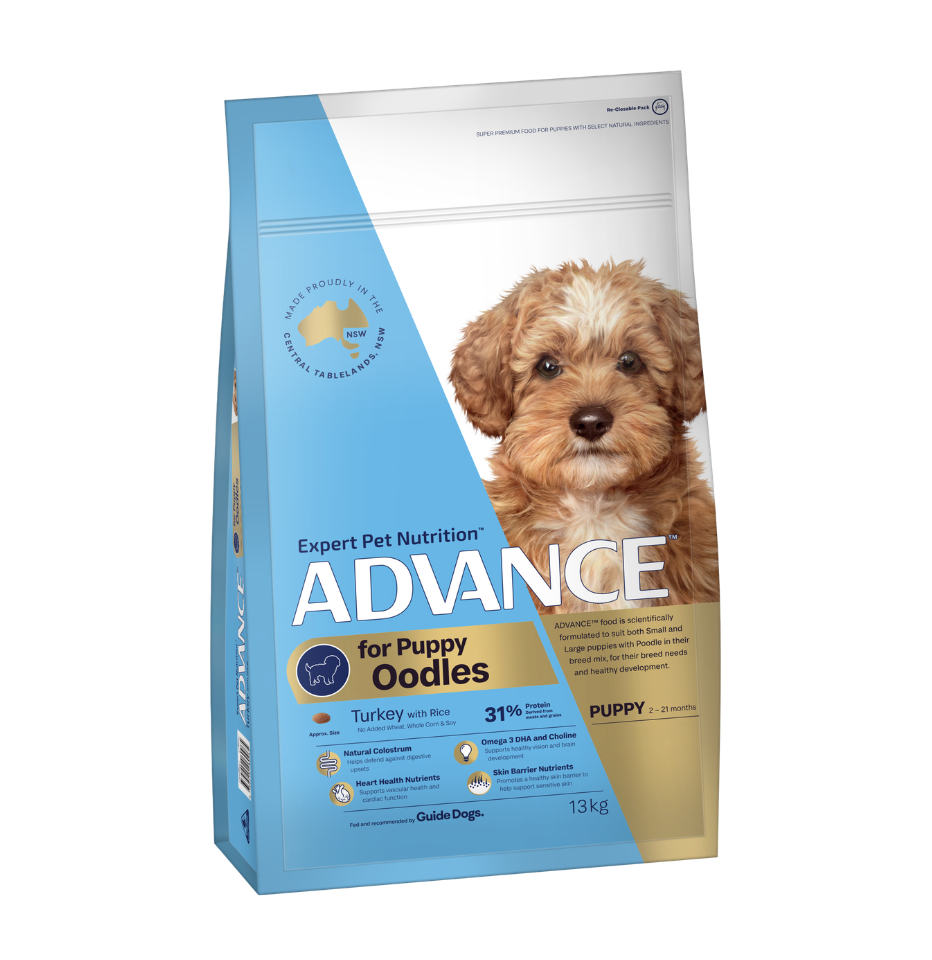 A 13 kg bag of Advanced Pet Nutrition Puppy Oodles dog food, featuring a light blue and white design with a photo of a fluffy brown puppy on the front.