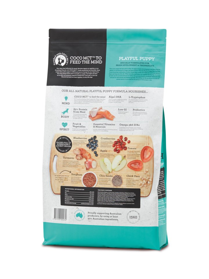 Back side of Cherish Playful Puddy Food package with nutritional information on a white background