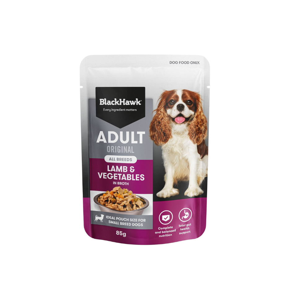 A stand-up pouch of BlackHawk Adult Original Lamb & Vegetables dog wet food, featuring a brown and white dog on the front label, set against a plain white background.