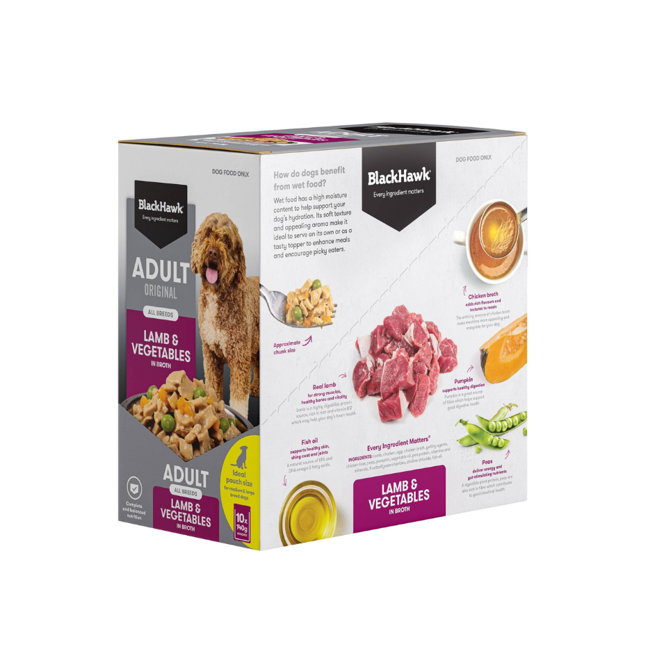 A box of BlackHawk Adult Original Lamb & Vegetables wet food, shown at a three-quarter angle on a plain white background.