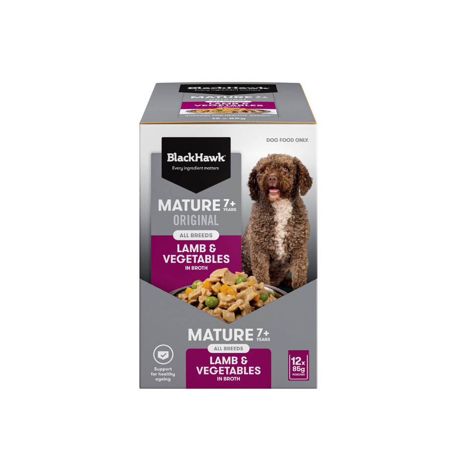 A box of BlackHawk Mature 7+ Lamb & Vegetables dog wet food, 12 pack, shown on a plain white background.
