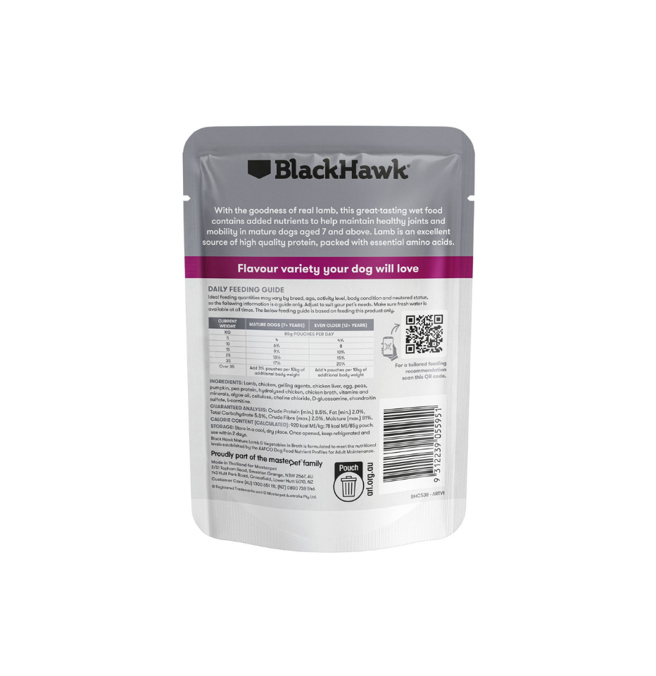 Back view of a BlackHawk mature dog wet food pouch on a plain white background.