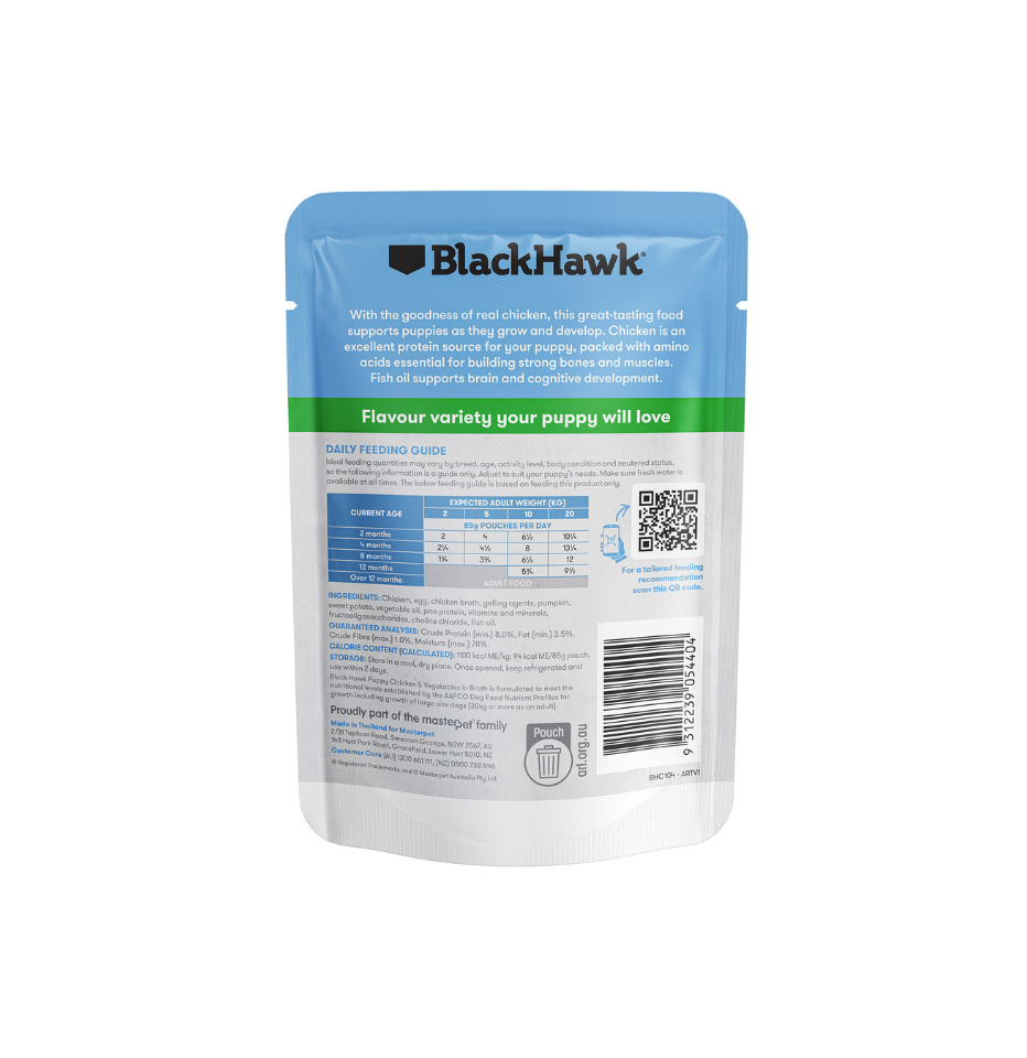 Back view of a BlackHawk pet wet food pouch, showing the product details, nutritional facts, and barcode on a white background.