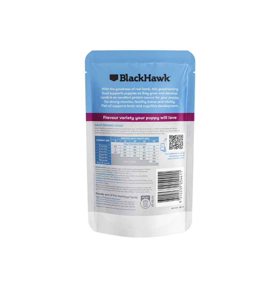 Back view of a BlackHawk puppy food pouch, showing product information, a daily feeding guide chart, and a barcode on a white background.