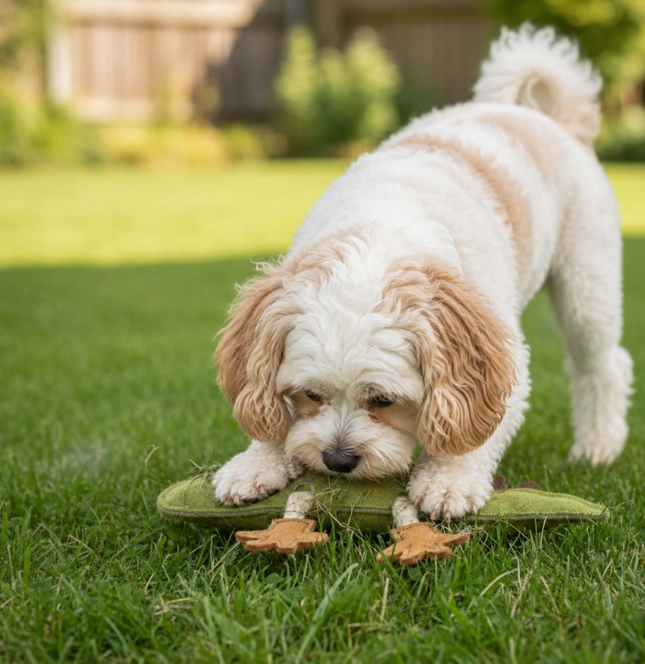 White cavoodle with light caramel spots playing with Georgie Paws Larry Lizard dog toy