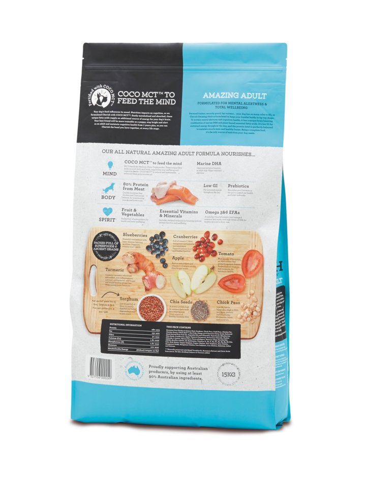 The back side of Cherish Adult Dog Food package with blue and black design on a white background