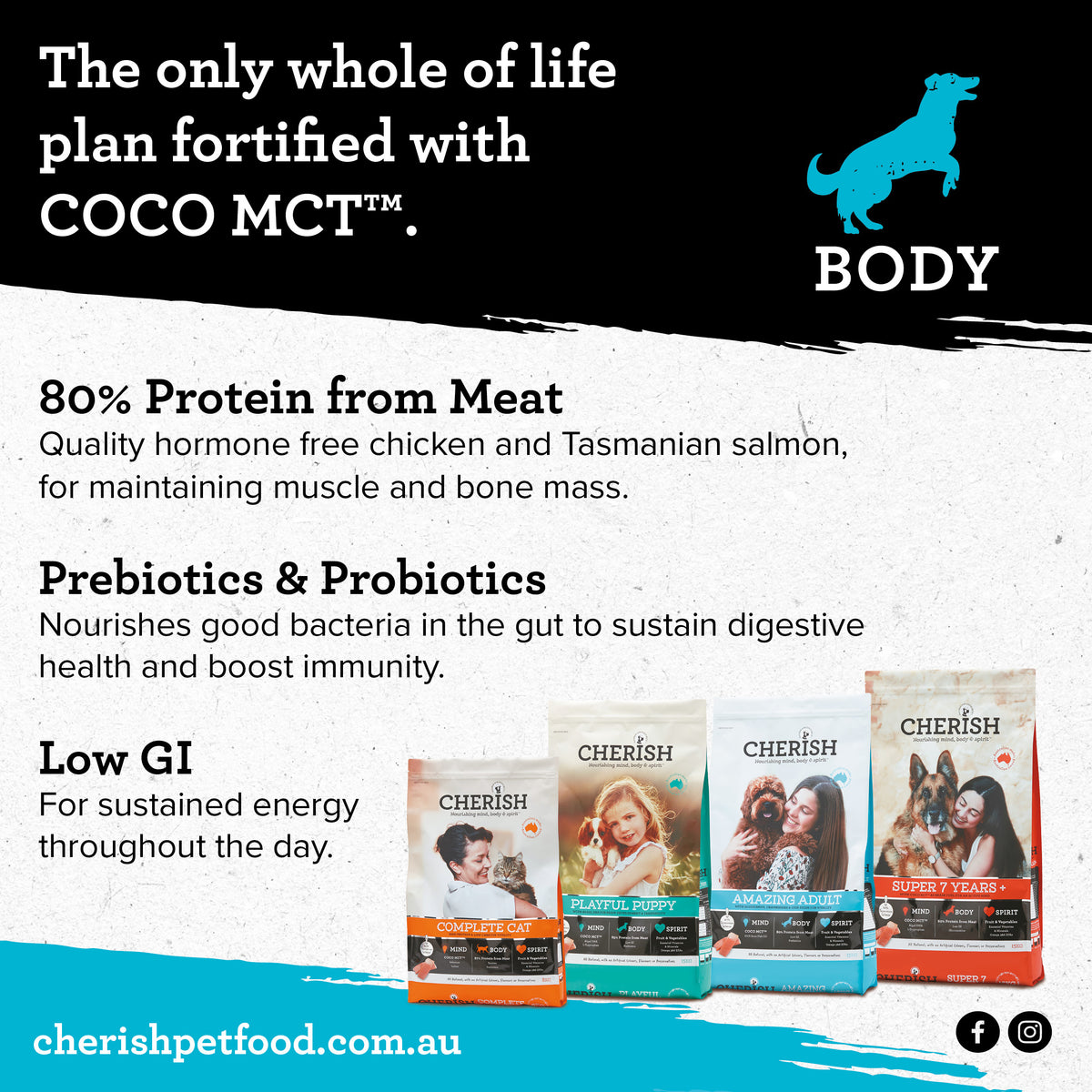 Graphic for Cherish dog food showing product packaging and text about ingredients and benefits.