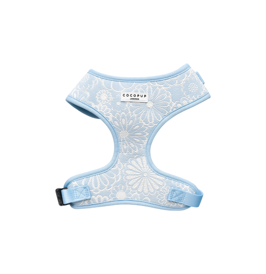 Cocopup London Baby Blue Flower LUXE Adjustable Neck Harness on a white background