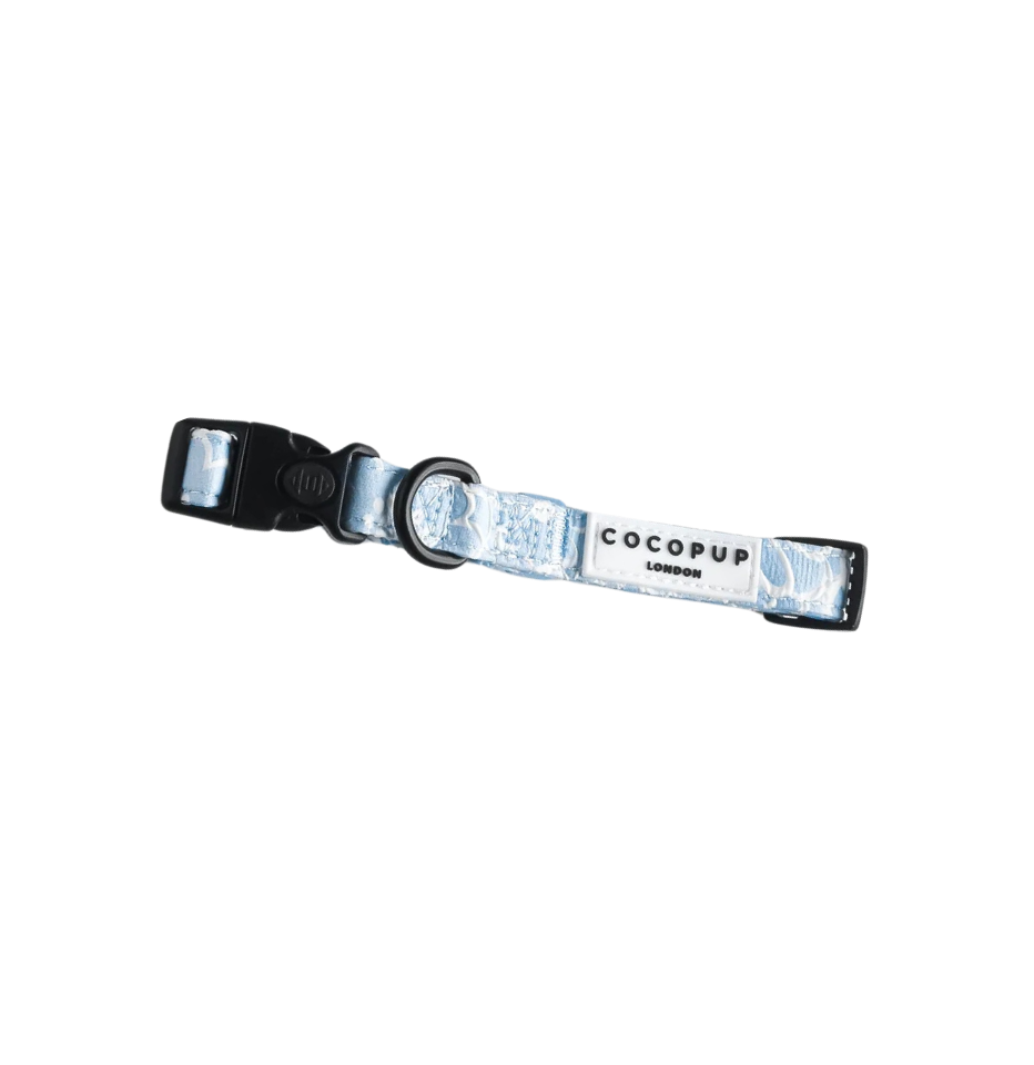 Cocopup London Baby Blue Flower LUXE Dog Collar on a white background