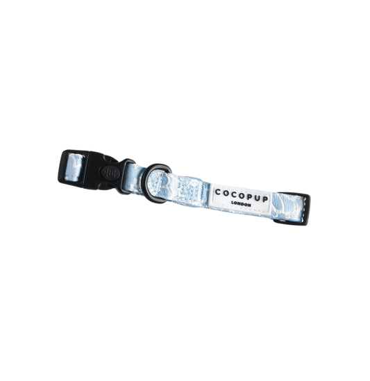 Cocopup London Baby Blue Flower LUXE Dog Collar on a white background