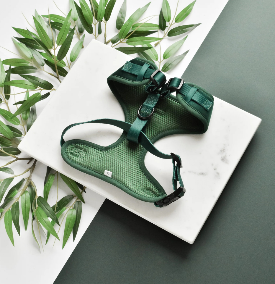 A Cocopup London Forest Green Velvet dog harness with a breathable mesh pattern and adjustable straps, styled on a white marble block with green leaves on a dark gray background.