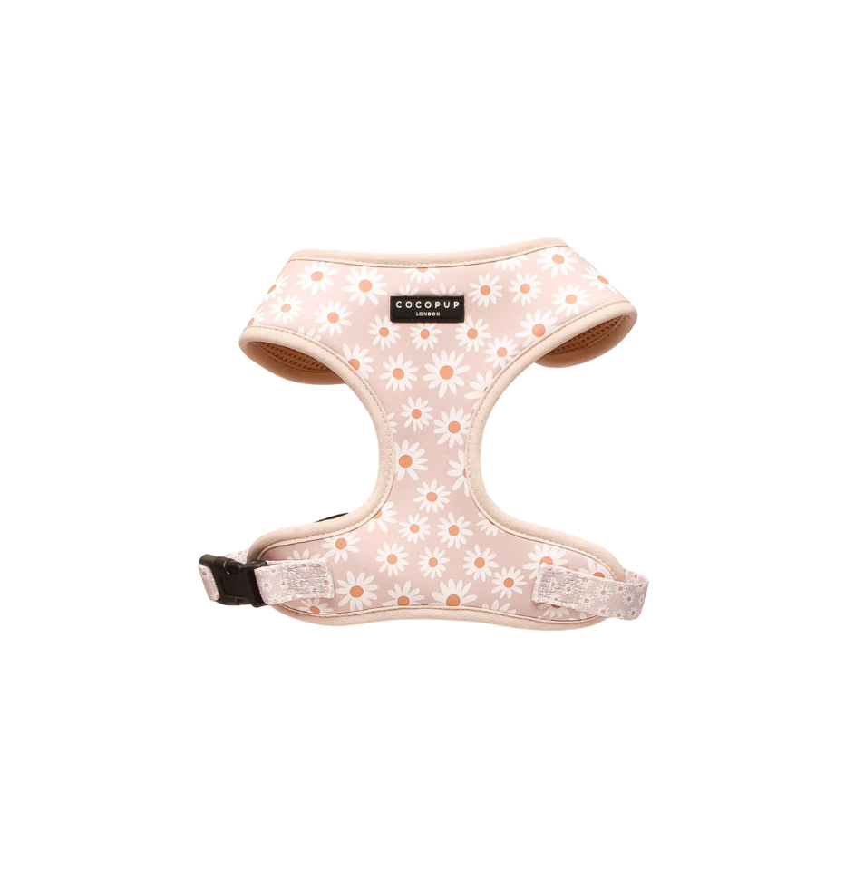 A light pink dog harness with a white daisy floral pattern, featuring a black brand label that reads 'cocopup london' on the chest, set against a plain white background.