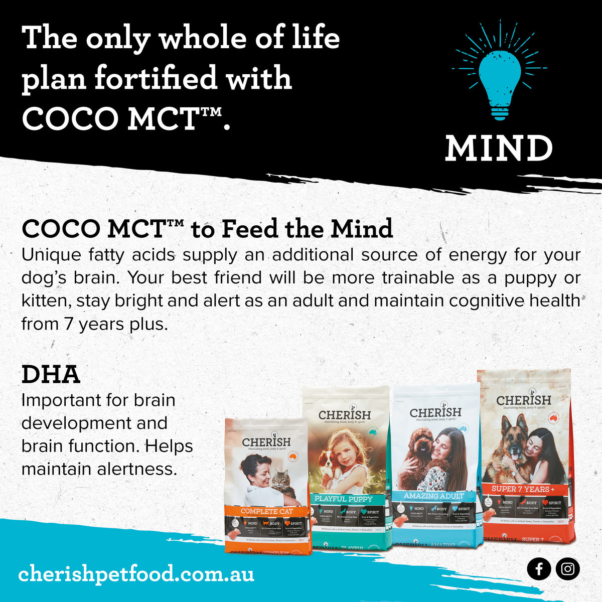 Details about Cherish dog food showing COCO MCT supplement packaging and text about cognitive health.