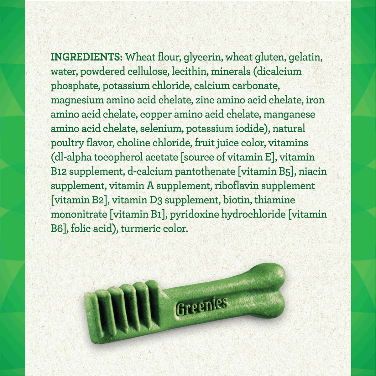 Greenies dog dental treat with ingredient list on a white background