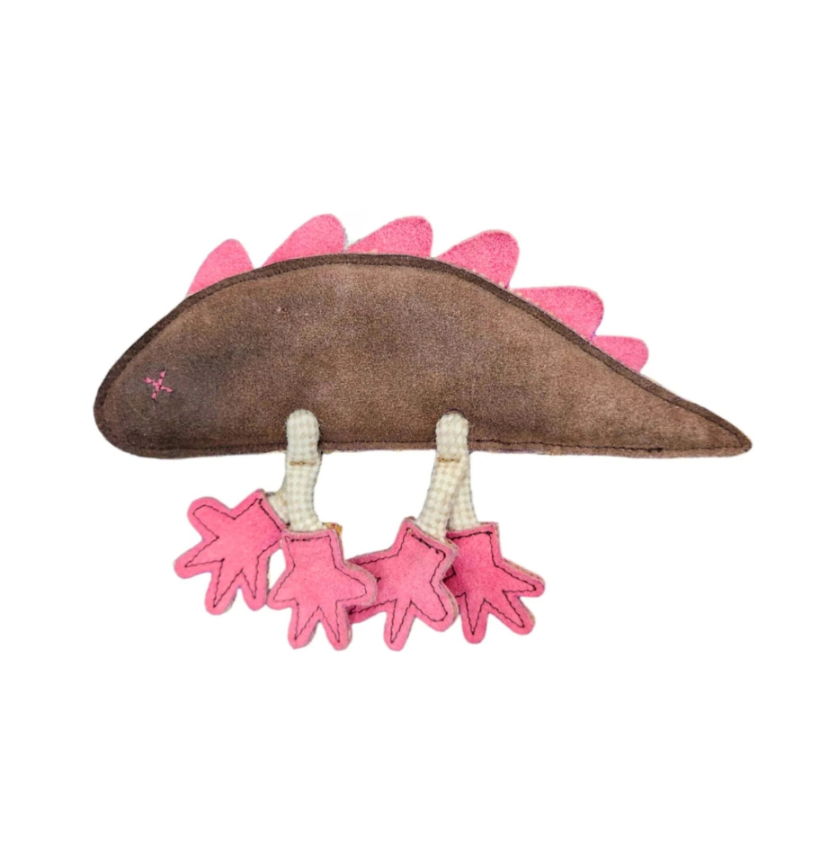 Georgie Paws Larry Lizard dog toy in brown buffalo suede with pink spikes and dangling pink paw charms