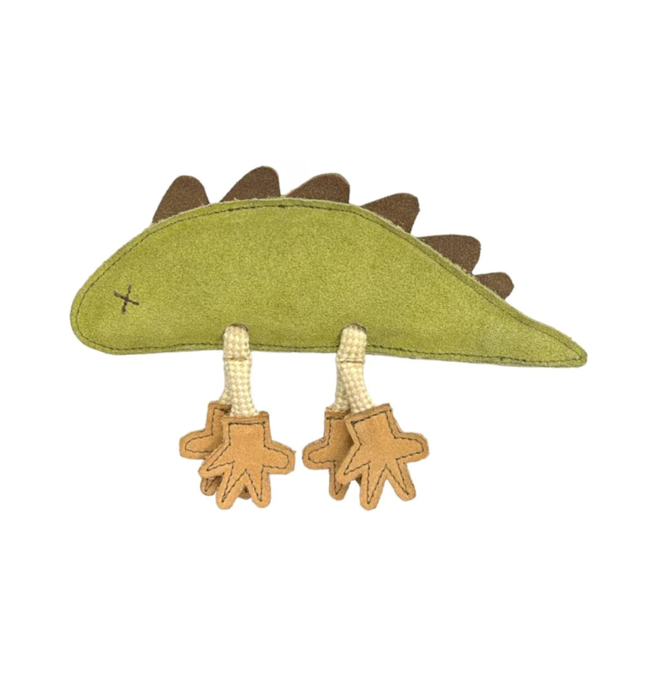 Georgie Paws Larry Lizard dog toy in green buffalo suede with brown spikes and dangling tan paw charms