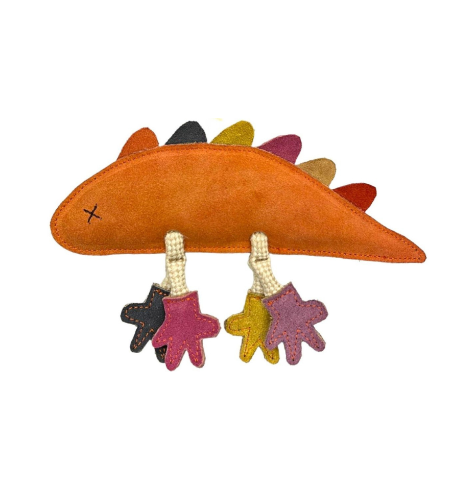 Georgie Paws Larry Lizard dog toy in orange buffalo suede with multi colour spikes and dangling multicolour paw charms