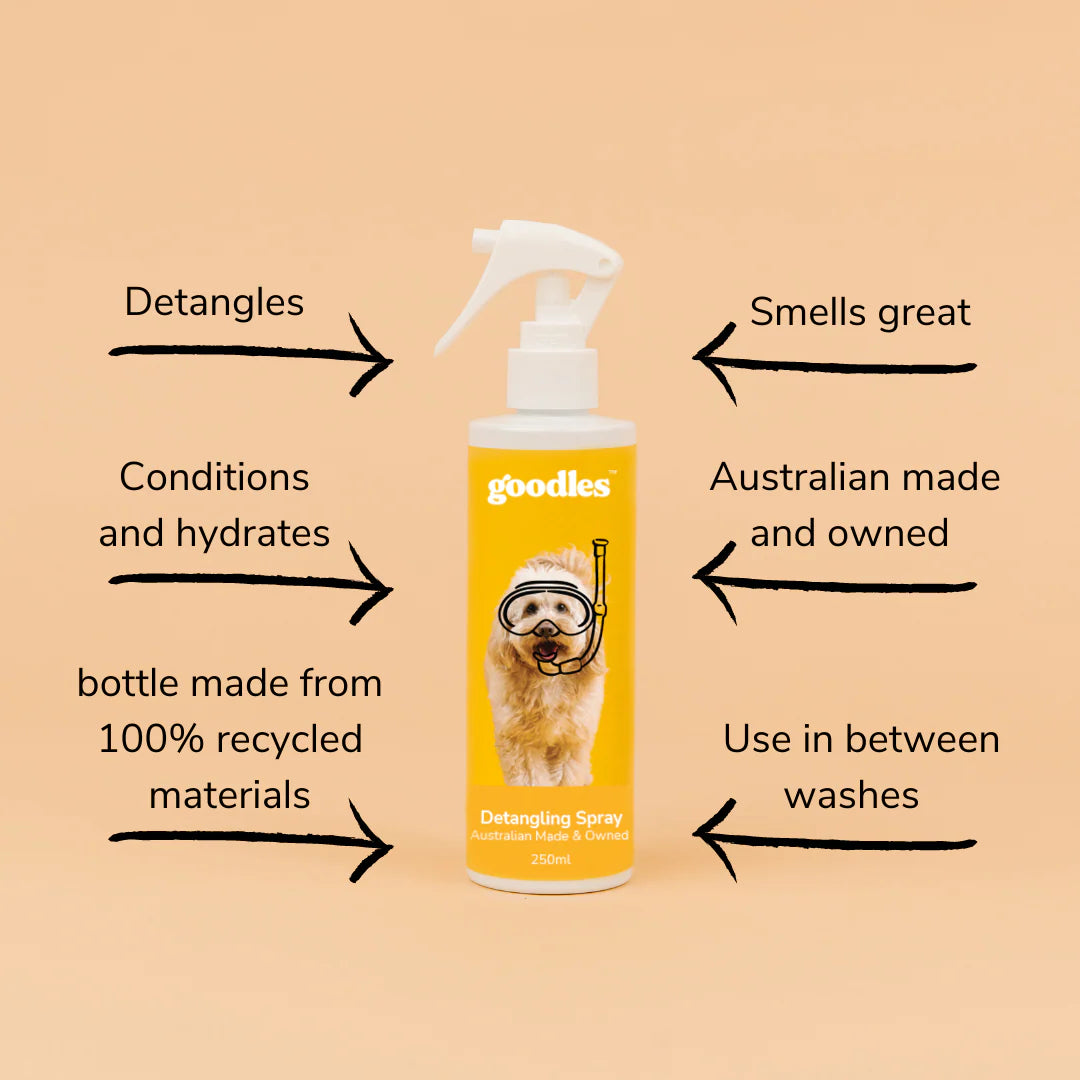 A bottle of Goodles Detangling Dog Spray showing its features listed on a beige background