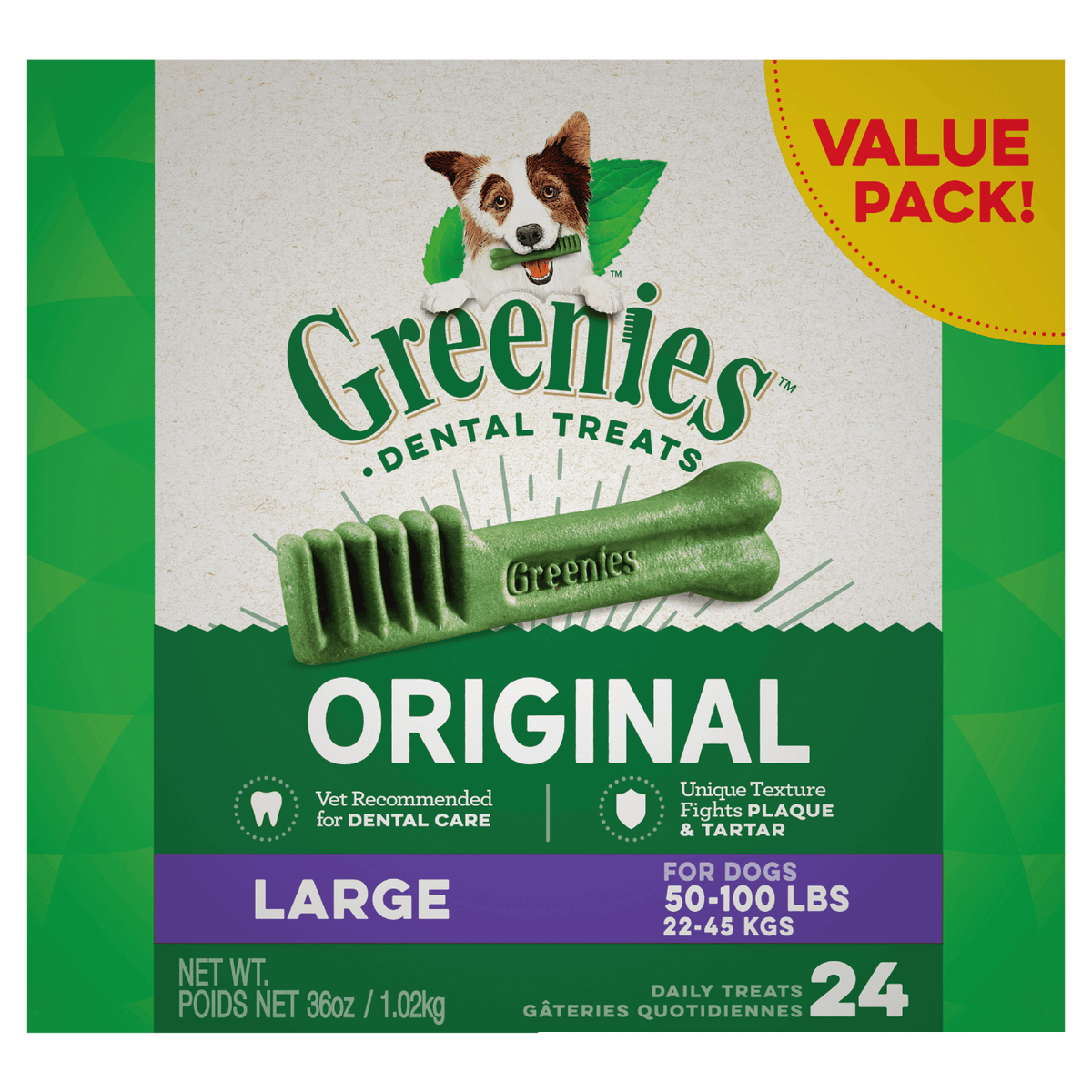 Greenies Dental Treats Original Large packaging for dogs with a dog illustration on a green and white background.