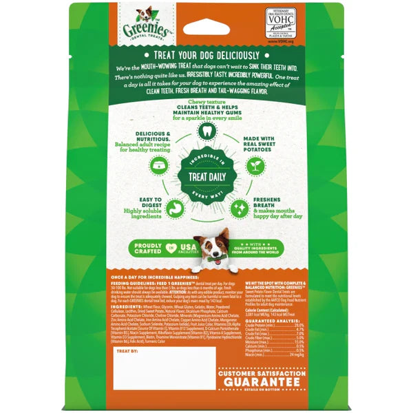 Greenies dog treat packaging with green and orange design on a white background