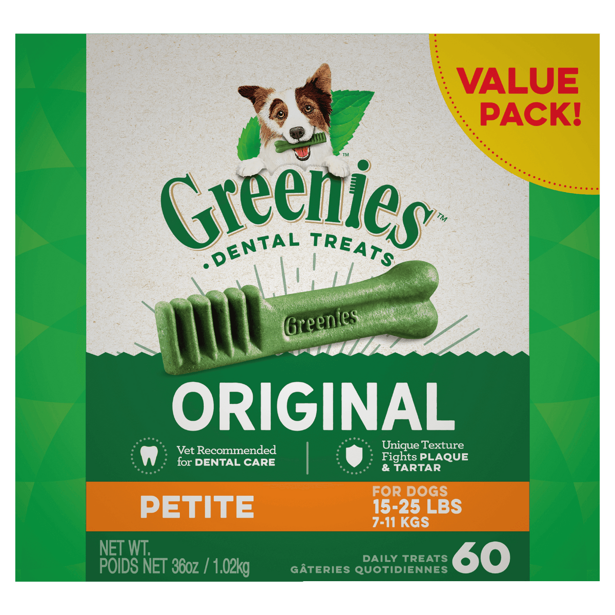 Greenies Dog Dental Treats Original Petite packaging for dogs with a dog illustration on a green and white background.