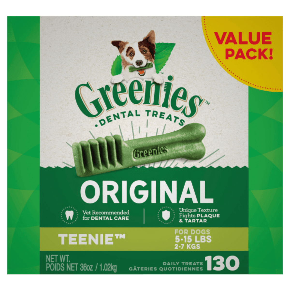 Greenies Dog Dental Treats Original Teenie packaging for teenie dogs with a green and white design.
