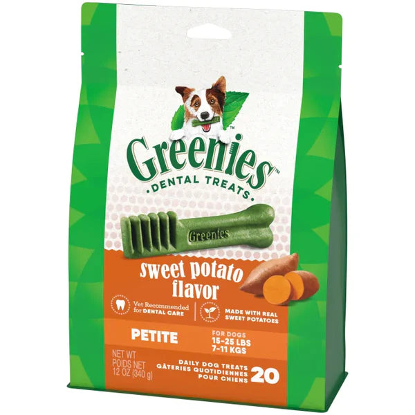 Greenies Dog Dental Treats Sweet Potato - Petite packaging for dogs with a green and white design.