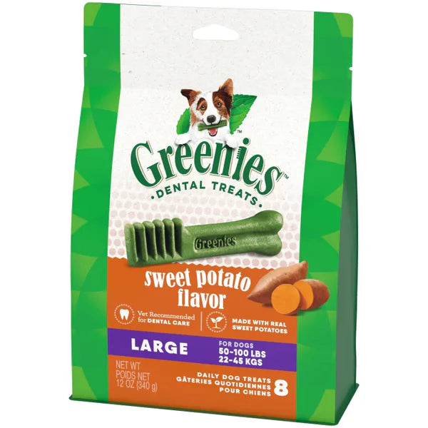 Greenies Dog Dental Treats Sweet Potato Large packaging on a white background
