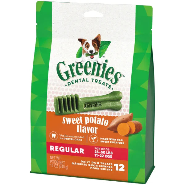Greenies Dog Dental Treats Sweet Potato Regular packaging on a white background