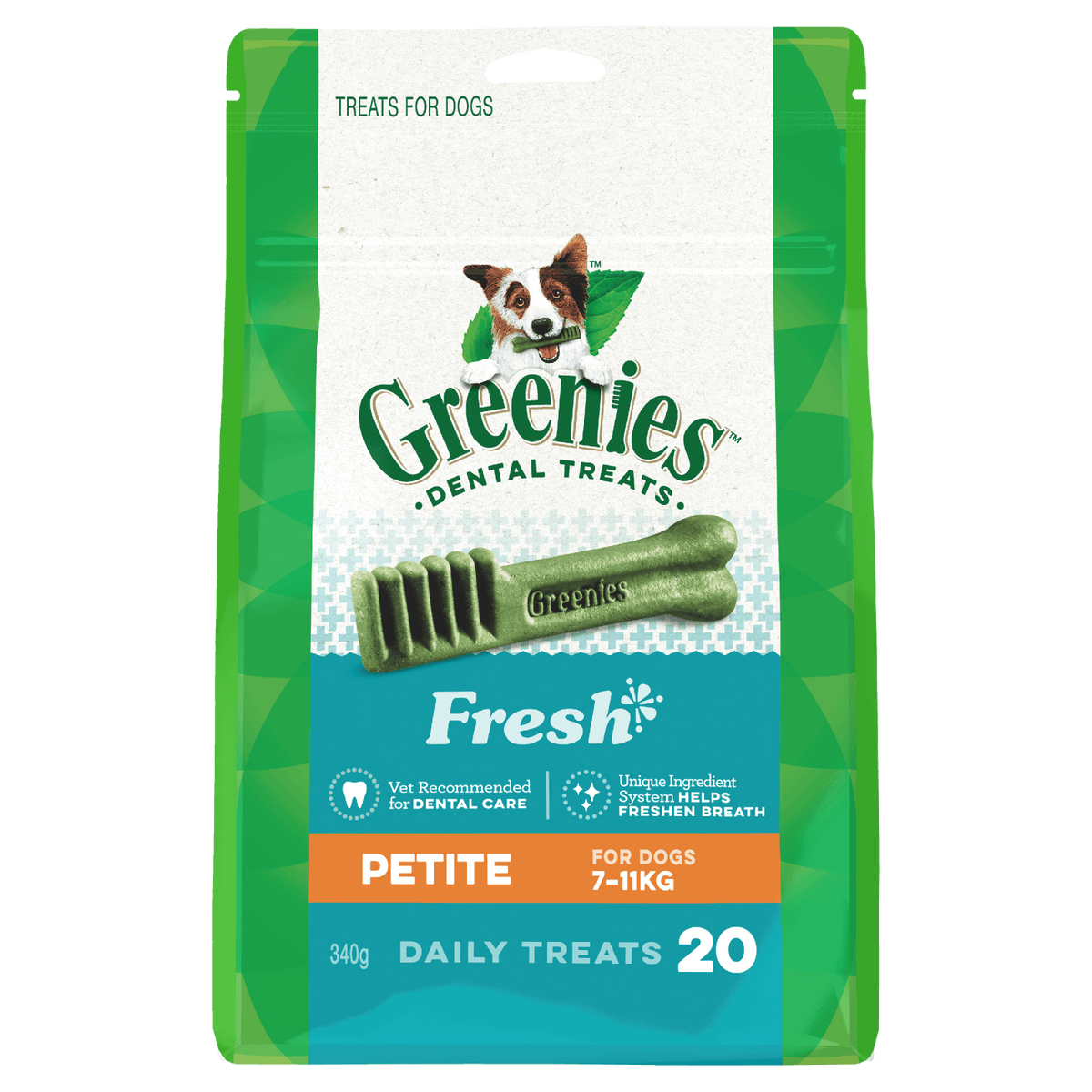 Greenies dog dental treats Fresh Mint Petite packaging on a white background