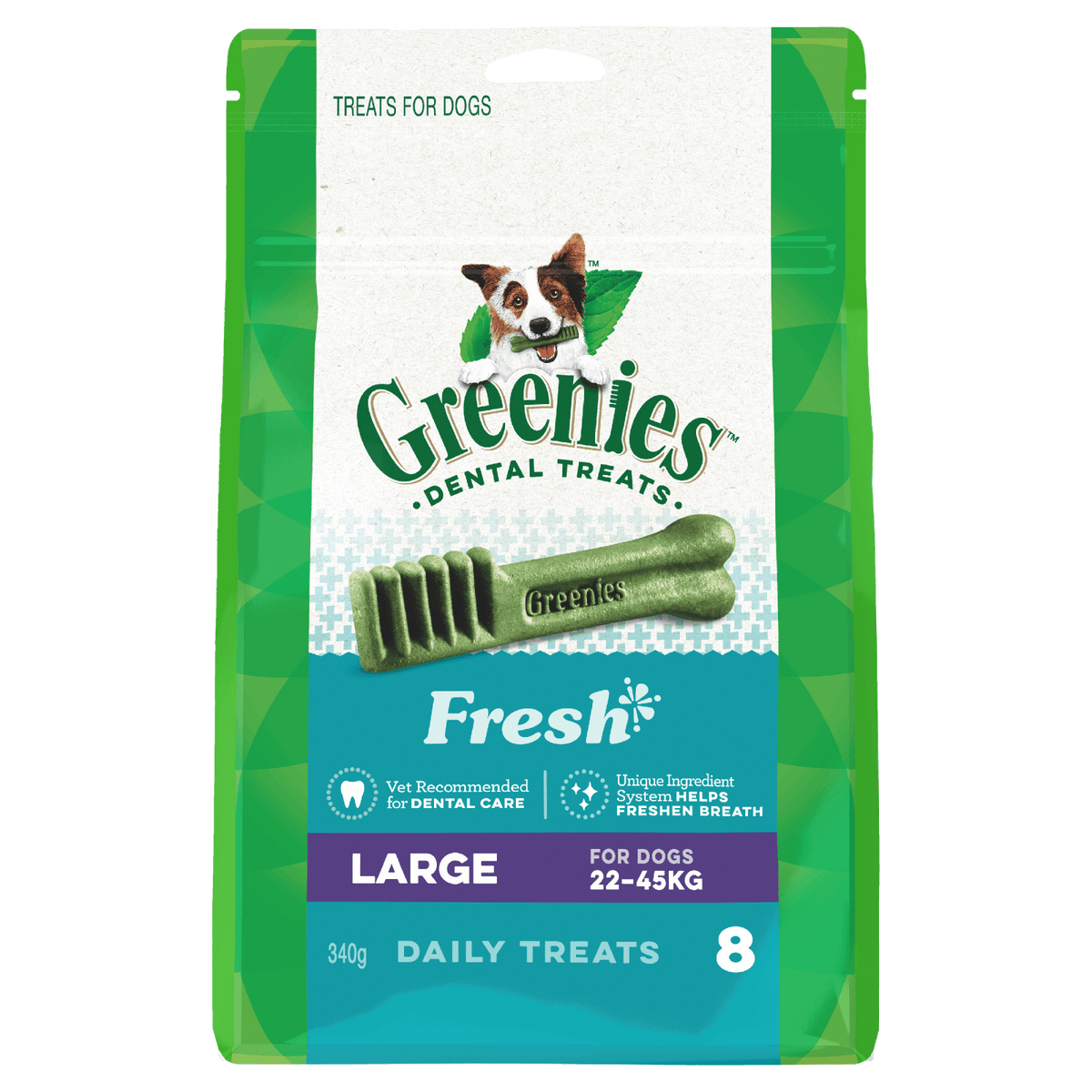 Greenies dog dental treats Fresh Mint large packaging on a white background
