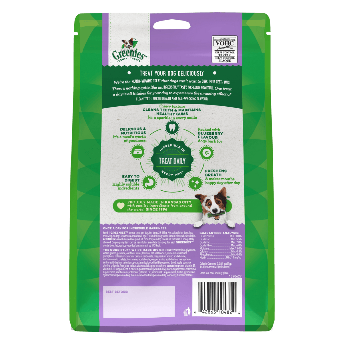Greenies dental dog treat packaging with green and purple design