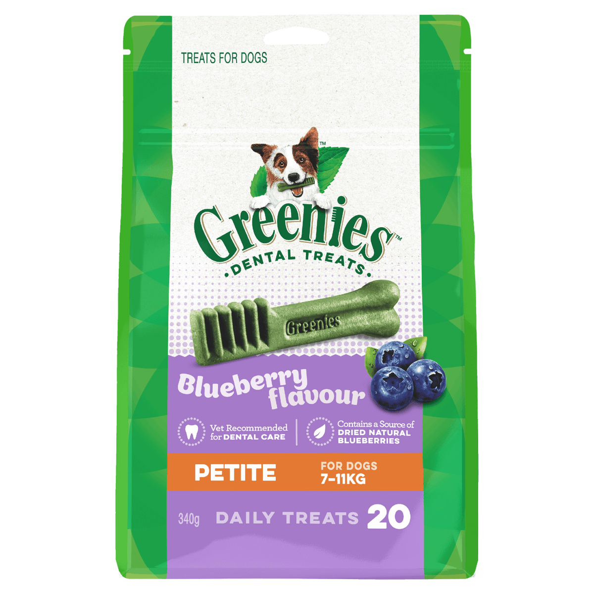 Greenies dog dental treats blueberry petite packaging on a white background