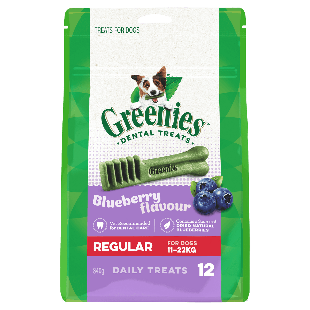Greenies dog dental treats blueberry regular packaging on a white background