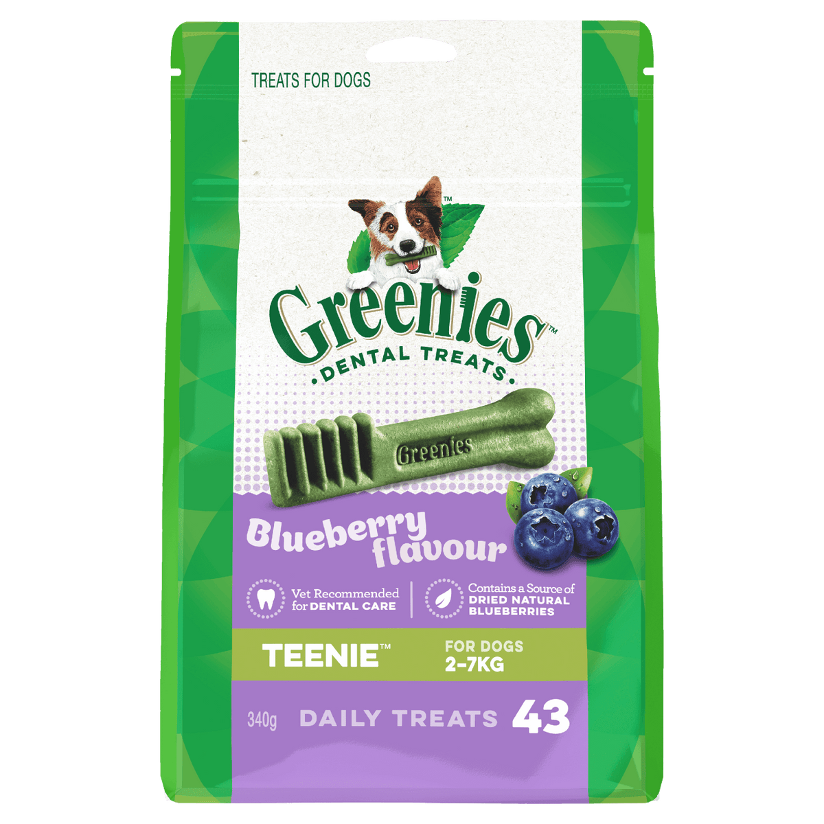 Greenies dog dental treats blueberry teenie packaging on a white background