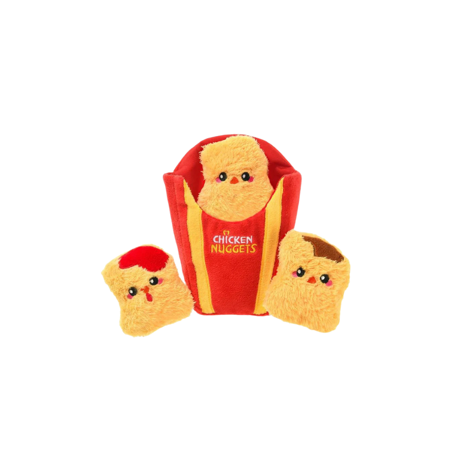 Hugsmart Food Party Chicken Nuggets Dog Toy on a white background