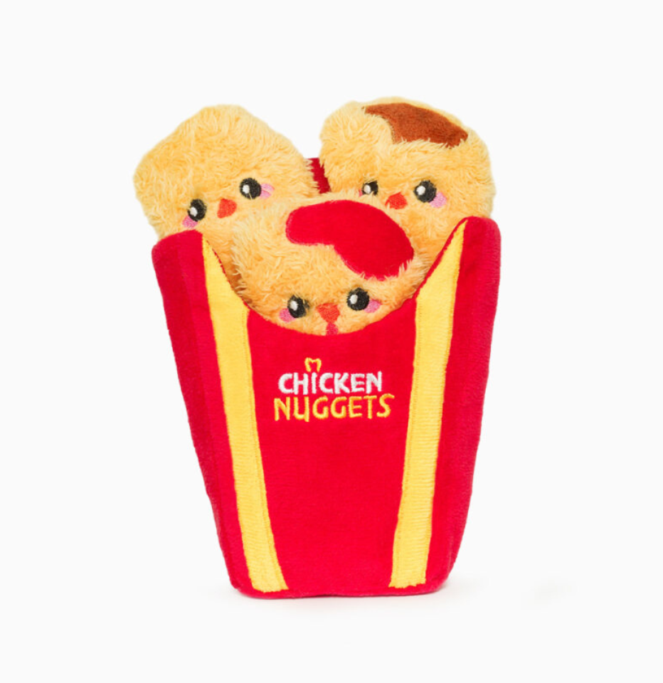 Hugsmart Food Party Chicken Nuggets dog toy on a white background