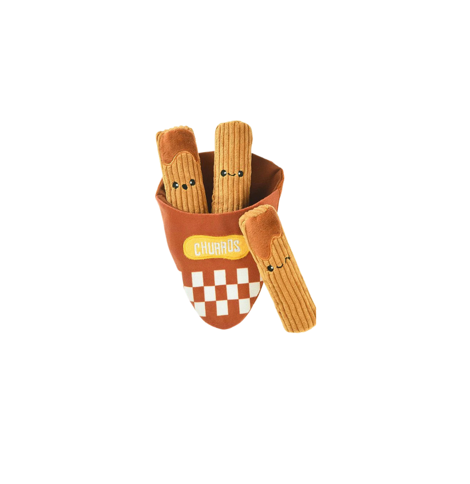 Hugsmart Food Party Churros Dog Toy on a white background